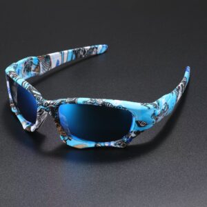 Futuristic Blue Patterned Wrap-Around Athletic Sport Sunglasses