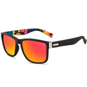 Bold Matte Black Square Wayfarer Sunglasses with Vibrant Red/Orange Lenses